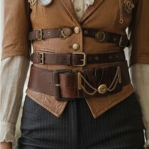 Vintage 80s Brown Leather statement Belt Gold Chain Accents steam punk Italy Med